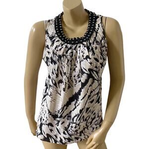 SAINT TROPEZ WEST Womens Size Medium Beaded Linen Blend Pleated Tank Top Shirt